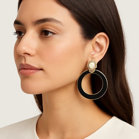Aurum Clad Black and Cream Enamel Large Hoop Earrings in Classic Givenchy Style - Picture 1 of 6